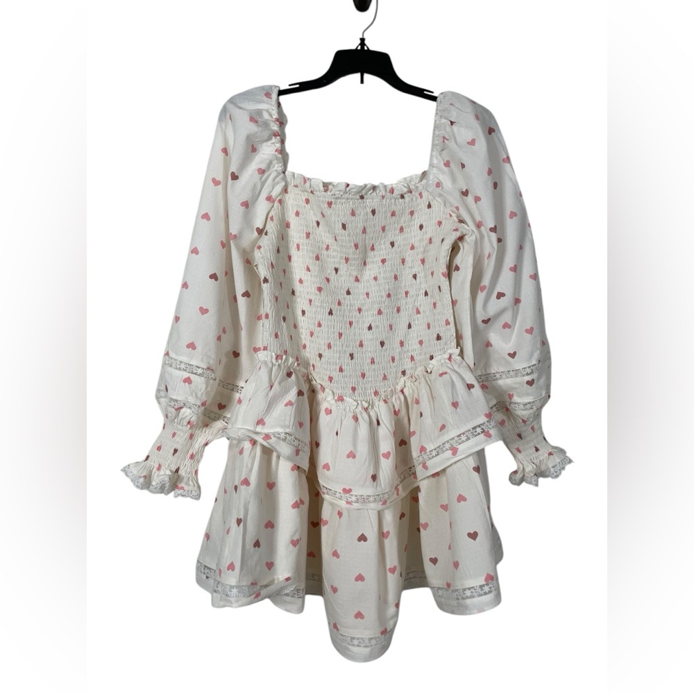 NWT LaitCollection Dora Valentine Puff Sleeve Mini Dress Hearts White Sz Medium